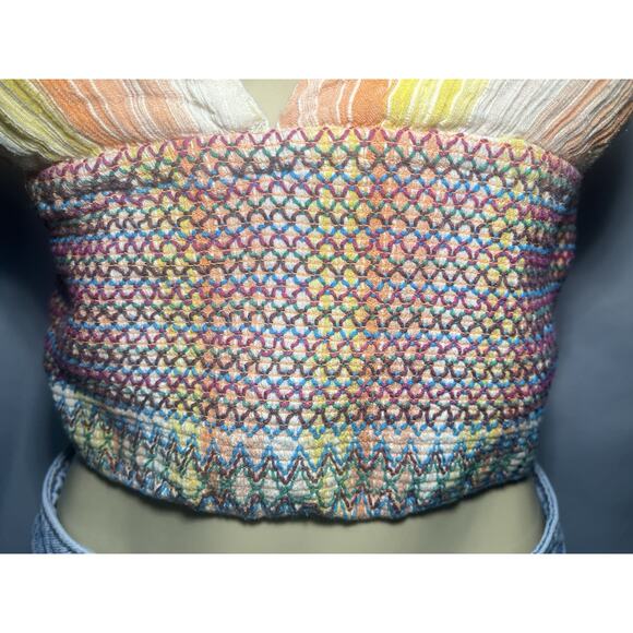 ANTHROPOLOGIE Smocked Halter Tank Small Cropped Striped Embroidered Boho Orange - Picture 8 of 15